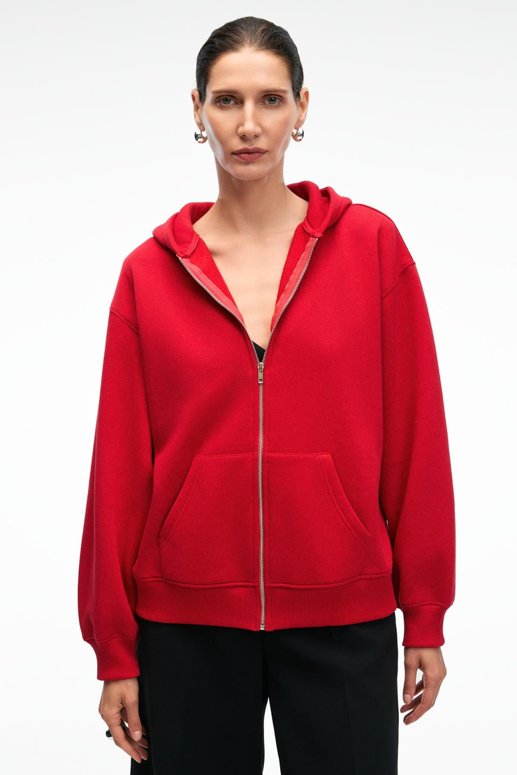 VALENYA Kadın Oversize Kapüşonlu Balon Kollu Metal Fermuarlı Kırmızı Sweatshirt