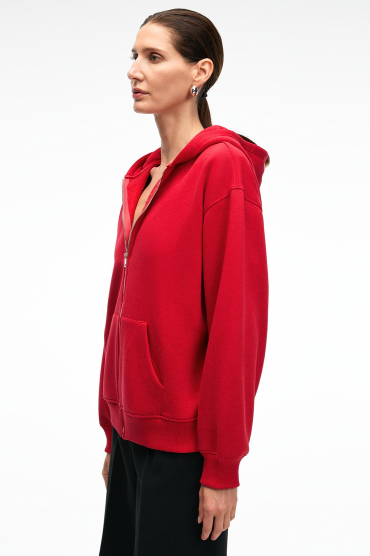 VALENYA Kadın Oversize Kapüşonlu Balon Kollu Metal Fermuarlı Kırmızı Sweatshirt