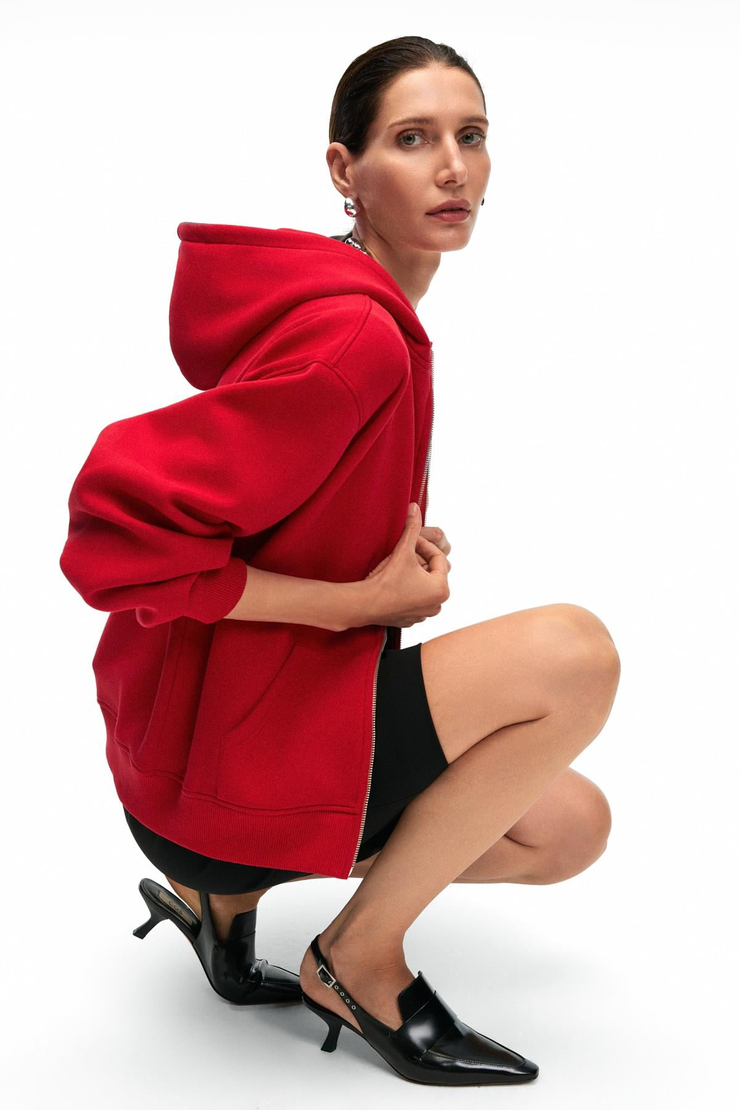 VALENYA Kadın Oversize Kapüşonlu Balon Kollu Metal Fermuarlı Kırmızı Sweatshirt