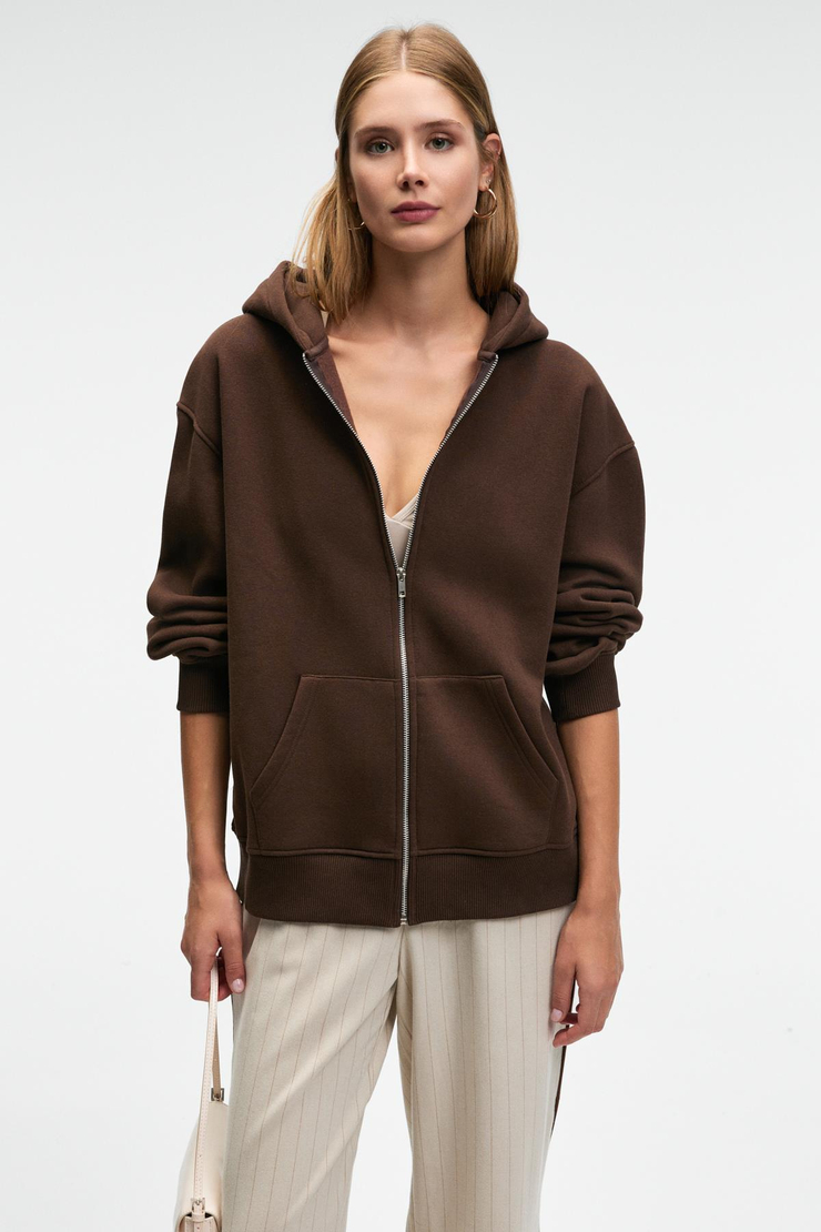 VALENYA Kadın Oversize Kapüşonlu Balon Kollu Metal Fermuarlı Kahverengi Sweatshirt