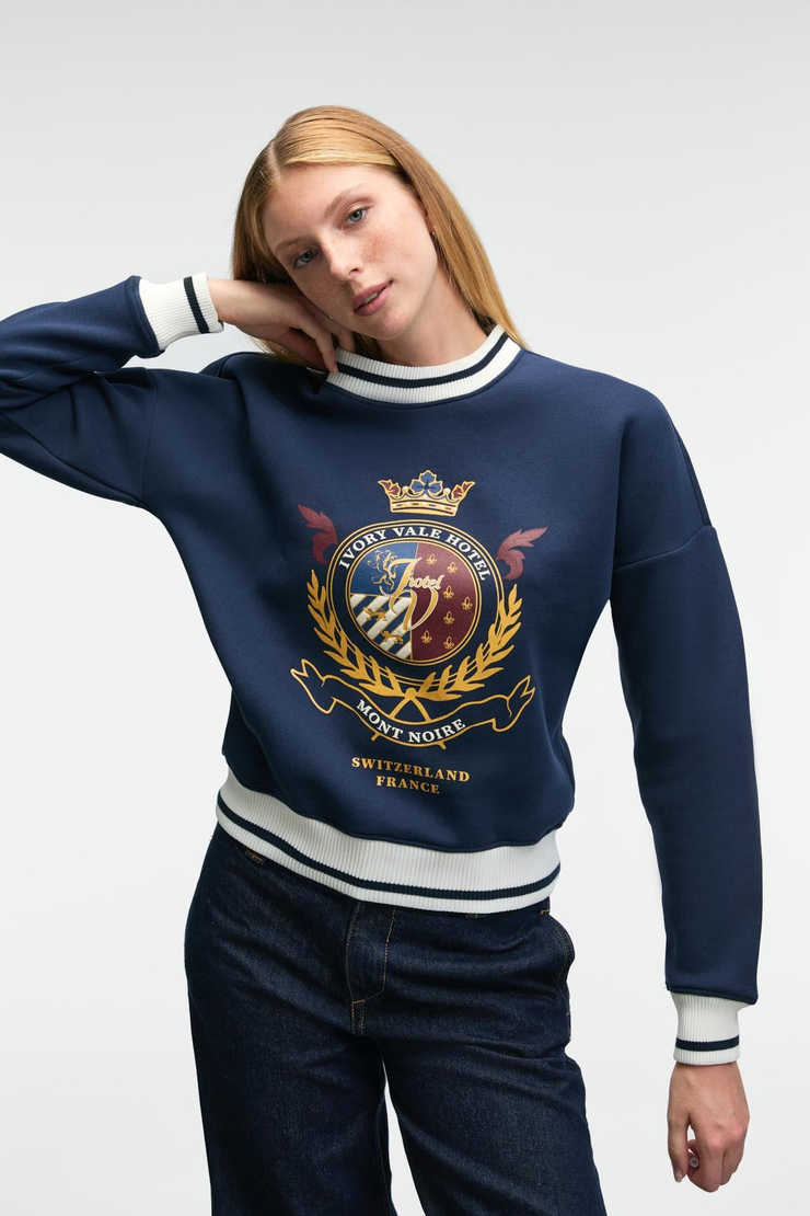 VALLUNE Kadın Kontrast Triko Etek Ucu Manşet Ve Yakalı Nakış Crop Lacivert Sweatshirt