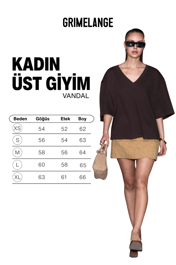 VANDAL Kadın %100 Organik Pamuklu Derin V Yakalı Oversıze Kahverengi T-Shirt