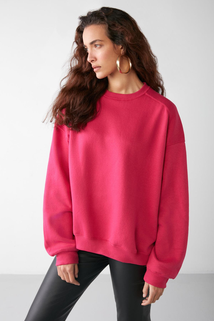 VANELTINA Kadın İçi Polarlı 3 İplik Organik Pamuk Oversize Basic Bisiklet Yaka Pembe Sweatshirt