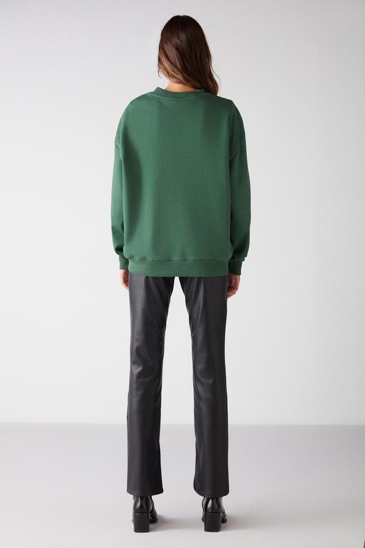 VANELTINA Kadın İçi Polarlı 3 İplik Organik Pamuk Oversize Basic Bisiklet Yaka Yeşil Sweatshirt