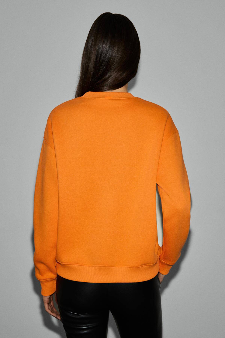 VANELTINA Kadın Organik Pamuklu Yumuşacık İçi Polarlı Yuvarlak yakalı Turuncu Sweatshirt