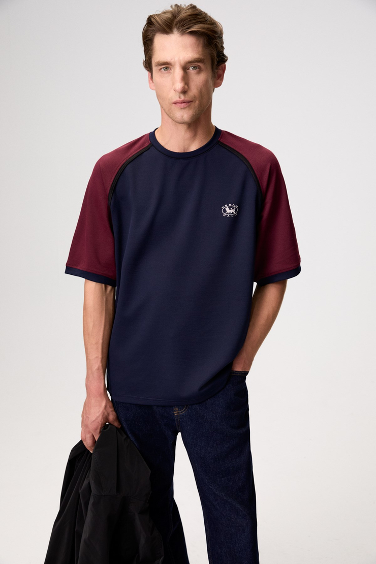 VAREN Erkek Yuvarlak Yakalı Kontrast Kısa Kollu Lacivert T-Shirt