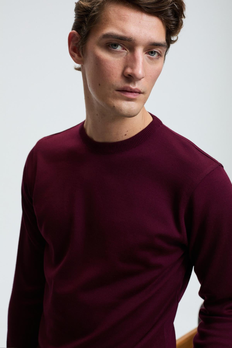VAREX Erkek Yuvarlak Yaka Basic Regular Fit Triko Bordo Kazak