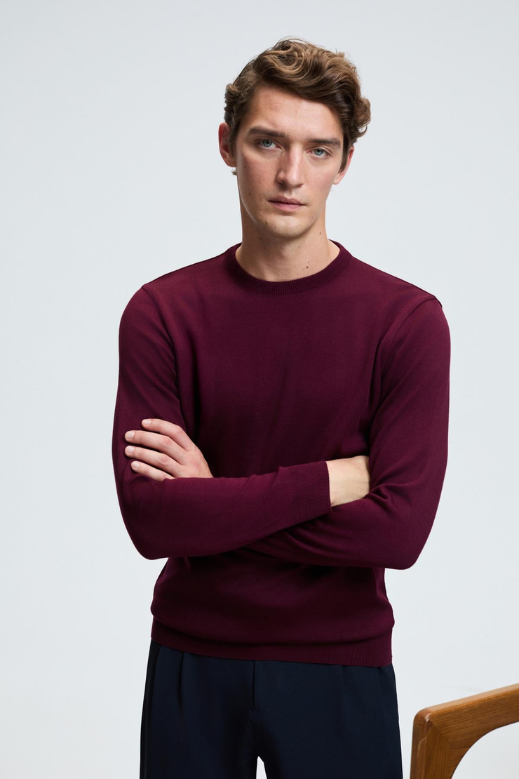 VAREX Erkek Yuvarlak Yaka Basic Regular Fit Triko Bordo Kazak