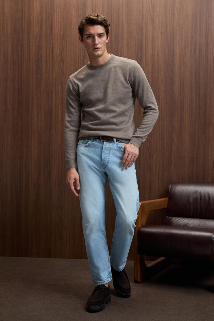 VAREX Erkek Yuvarlak Yaka Basic Regular Fit Triko Vizon Kazak