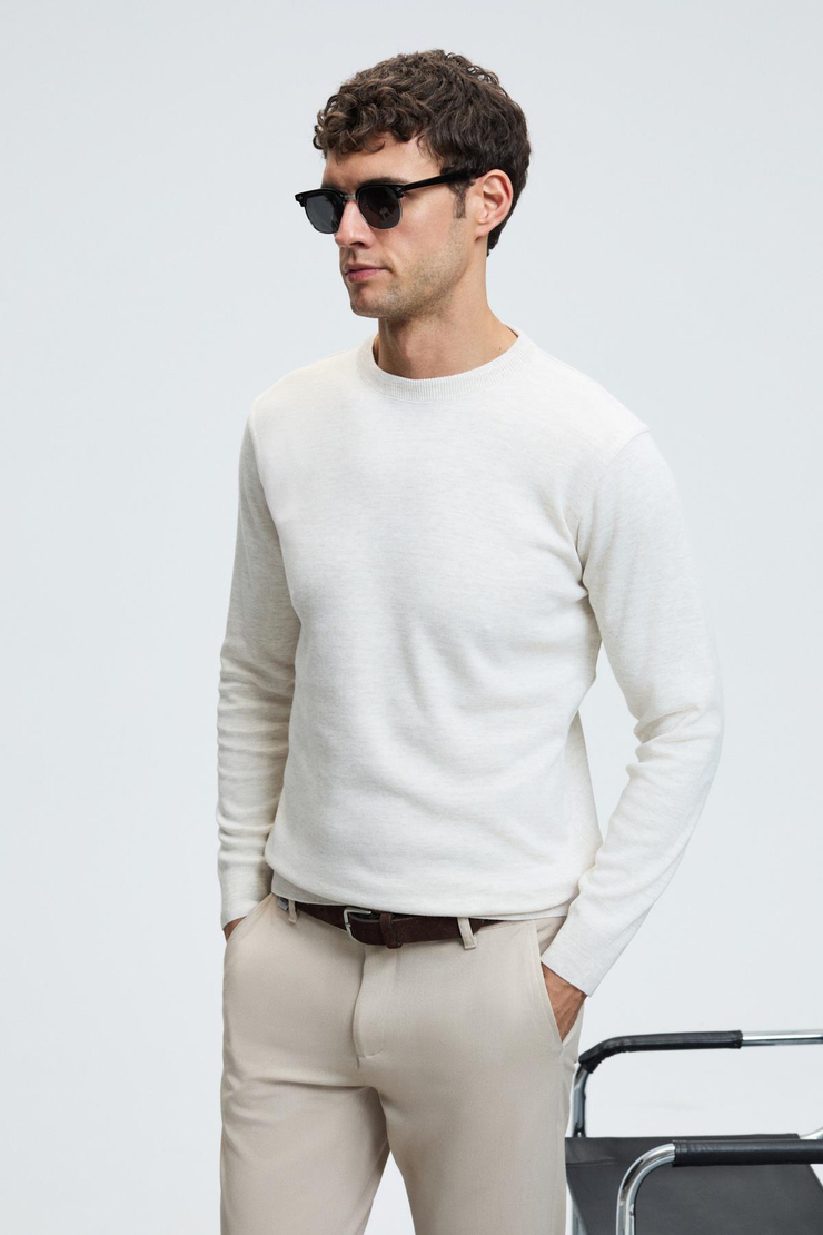 VAREX Erkek Yuvarlak Yaka Basic Regular Fit Triko Ekru Kazak