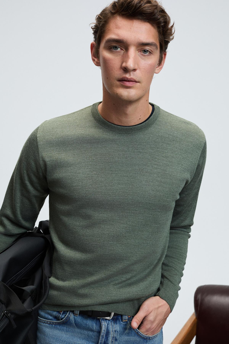 VAREX Erkek Yuvarlak Yaka Basic Regular Fit Triko Haki Kazak