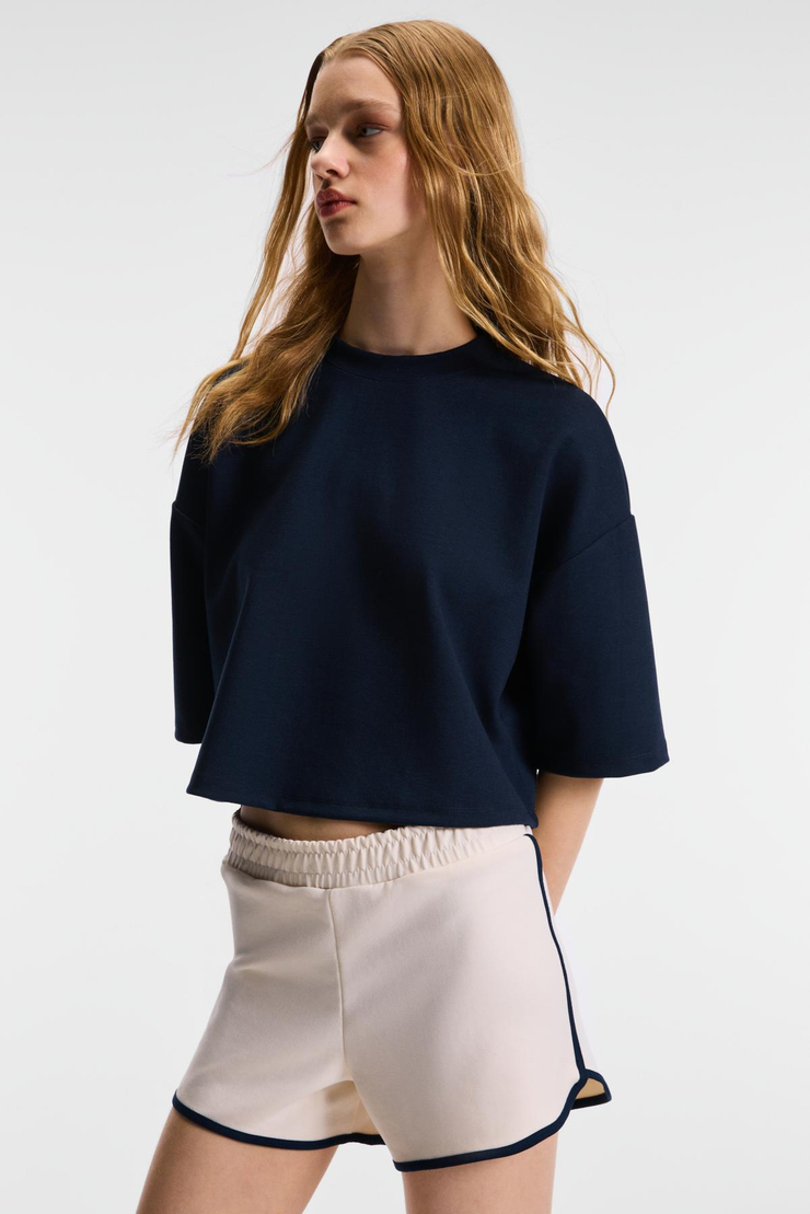 VELA Kadın Esnek Kumaşlı Bisiklet Yaka Oversize Fit Lacivert T-Shirt