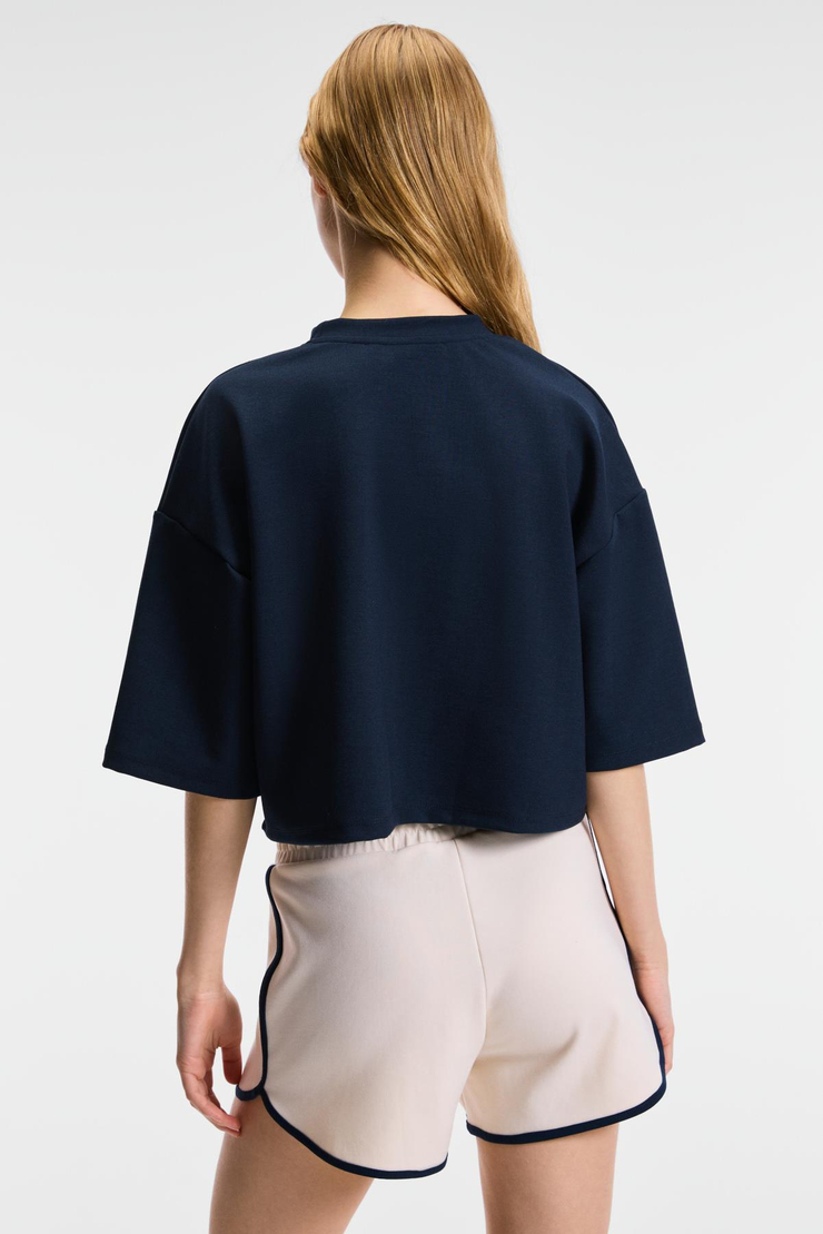 VELA Kadın Esnek Kumaşlı Bisiklet Yaka Oversize Fit Lacivert T-Shirt