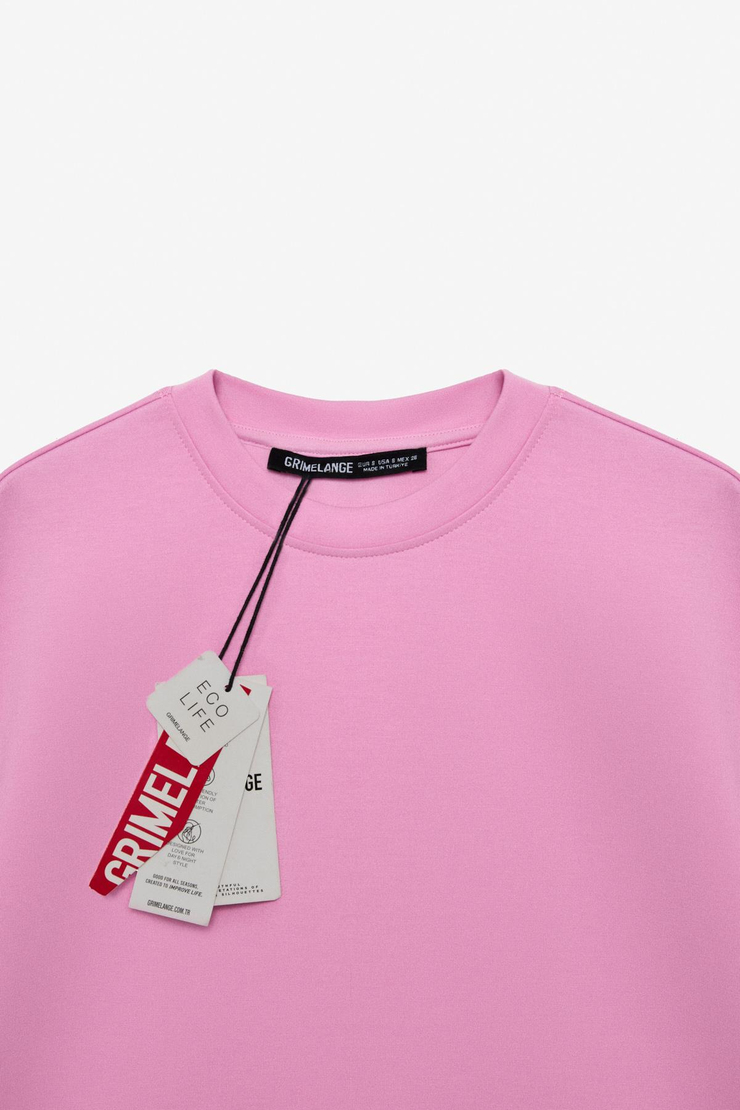 VELA Kadın Esnek Kumaşlı Bisiklet Yaka Oversize Fit Pembe T-Shirt