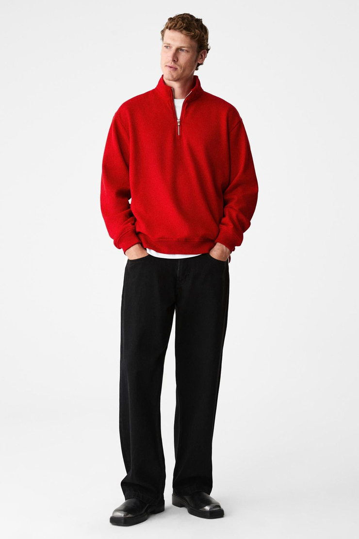 VELVETY Erkek Pamuklu İçi Polarlı Dik Yaka Fermuarlı Uzun Kollu Regular Fit Kırmızı Sweatshirt