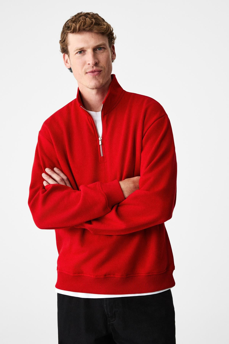 VELVETY Erkek Pamuklu İçi Polarlı Dik Yaka Fermuarlı Uzun Kollu Regular Fit Kırmızı Sweatshirt