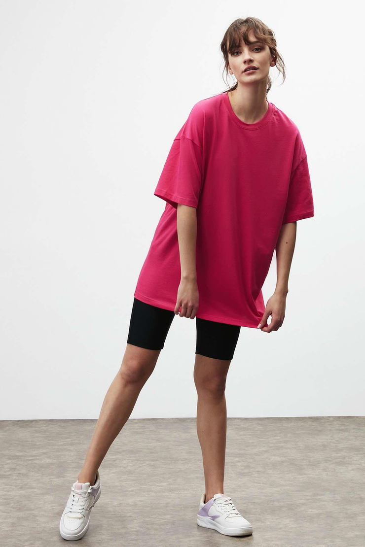 VERA Oversize Yuvarlak Yaka Pembe T-Shirt