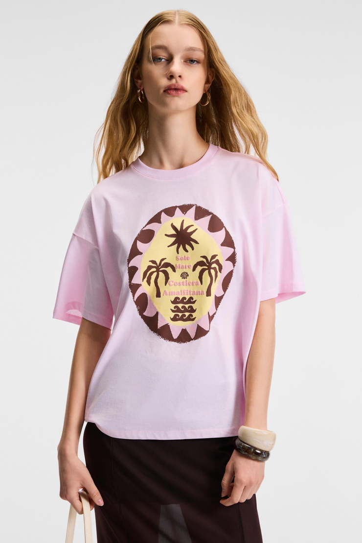 VEYMIRA Kadın %100 Pamuk Bisiklet Yaka Kısa Kollu Oversize Fit Pembe T-Shirt