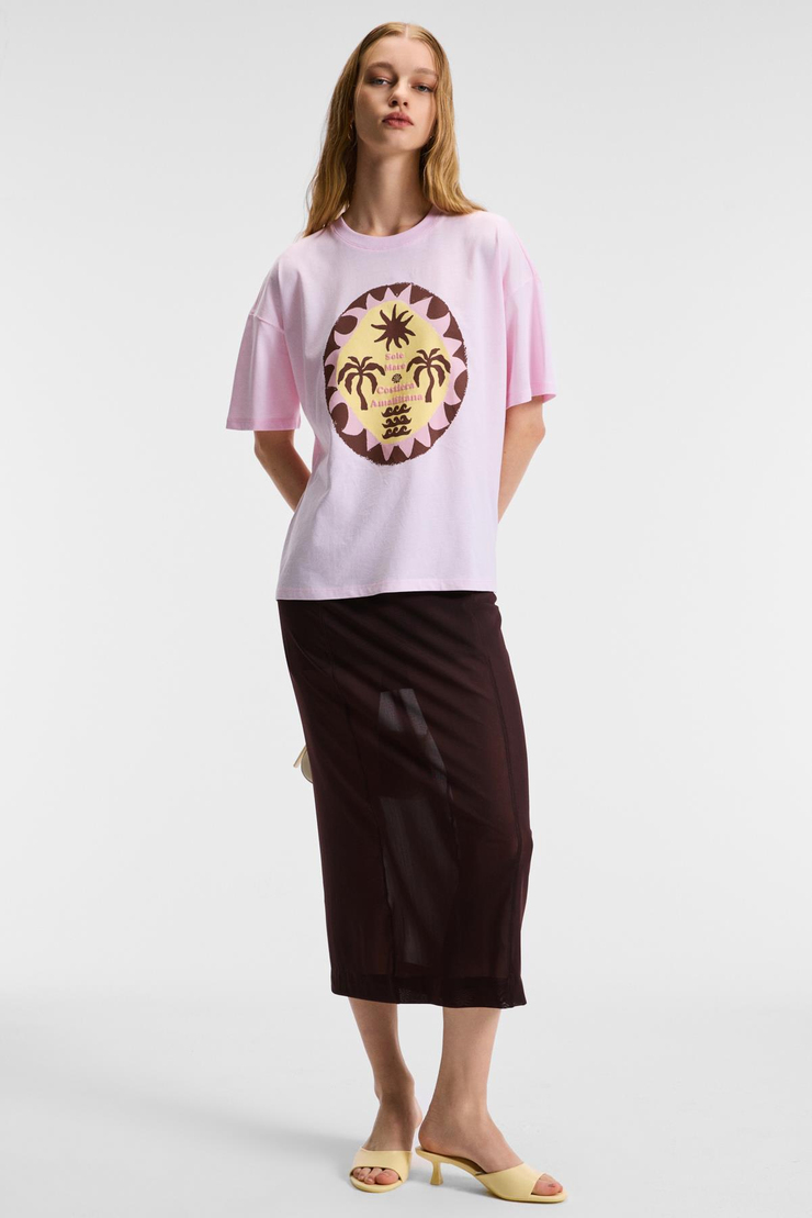 VEYMIRA Kadın %100 Pamuk Bisiklet Yaka Kısa Kollu Oversize Fit Pembe T-Shirt