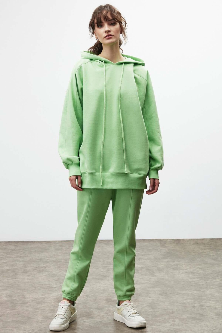 Vıenna Kadın Düz Renk Kapüşonlu Ekstra Oversize Yeşil Sweatshirt
