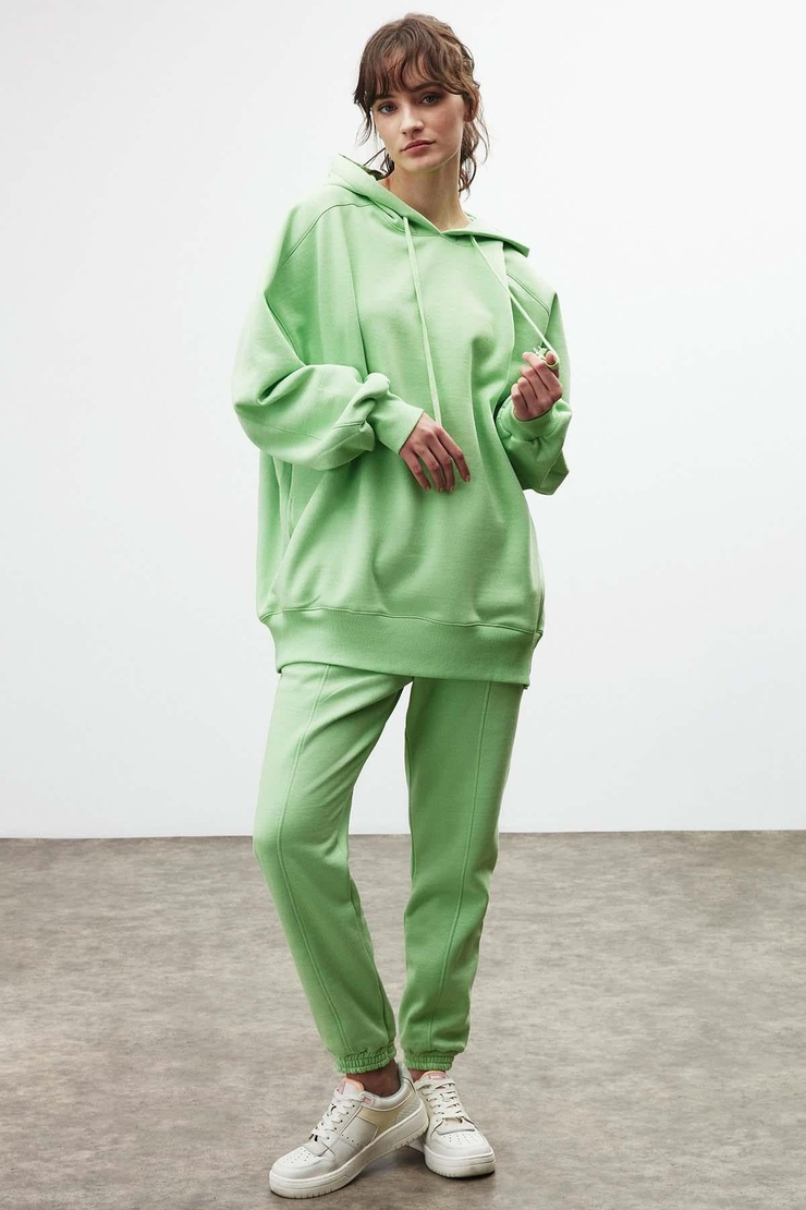 Vıenna Kadın Düz Renk Kapüşonlu Ekstra Oversize Yeşil Sweatshirt
