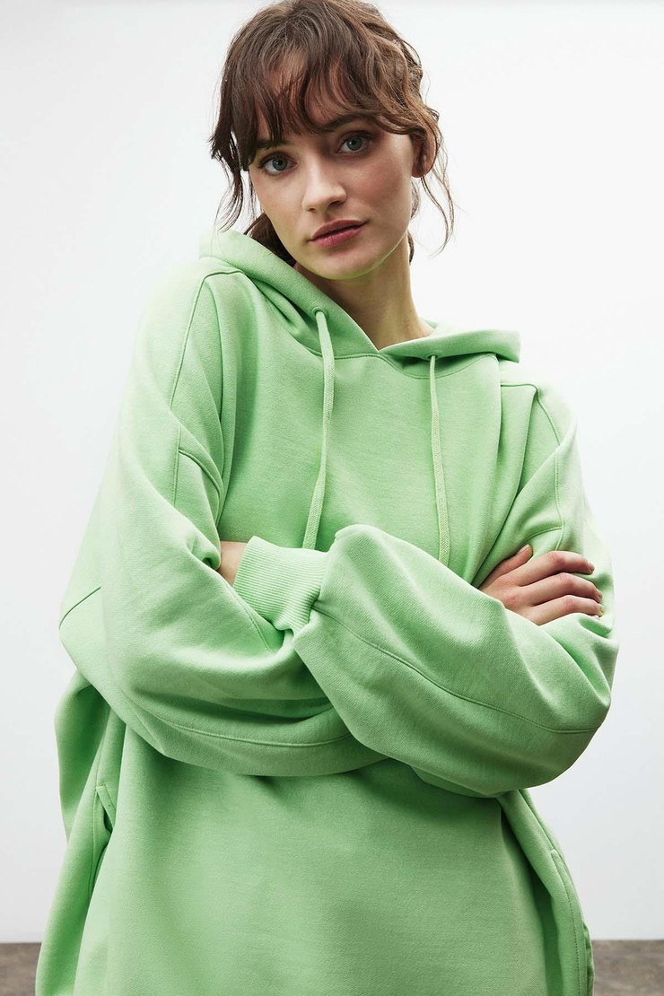 Vıenna Kadın Düz Renk Kapüşonlu Ekstra Oversize Yeşil Sweatshirt