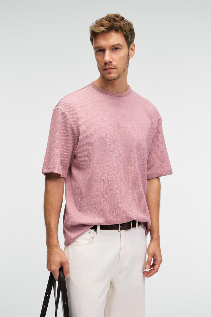 VINTAGE Erkek Kısa Kollu Yuvarlak Yaka Dokulu Gofre Kumaş Regular Fit Pembe T-Shirt