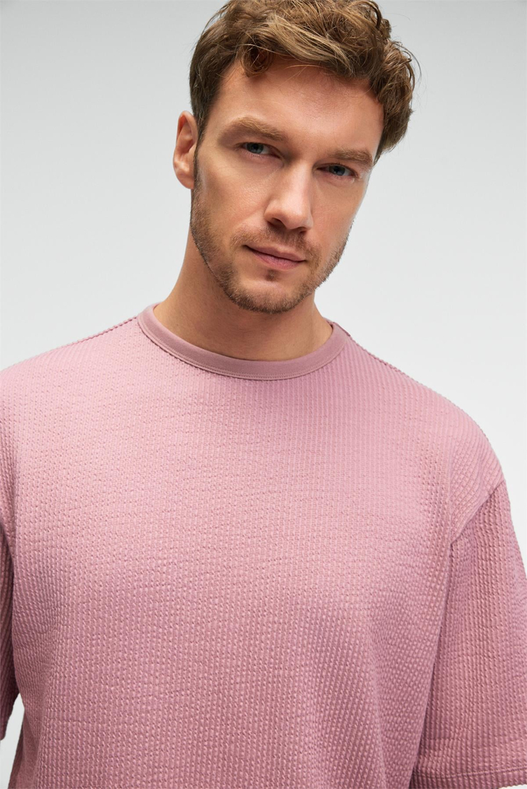 VINTAGE Erkek Kısa Kollu Yuvarlak Yaka Dokulu Gofre Kumaş Regular Fit Pembe T-Shirt