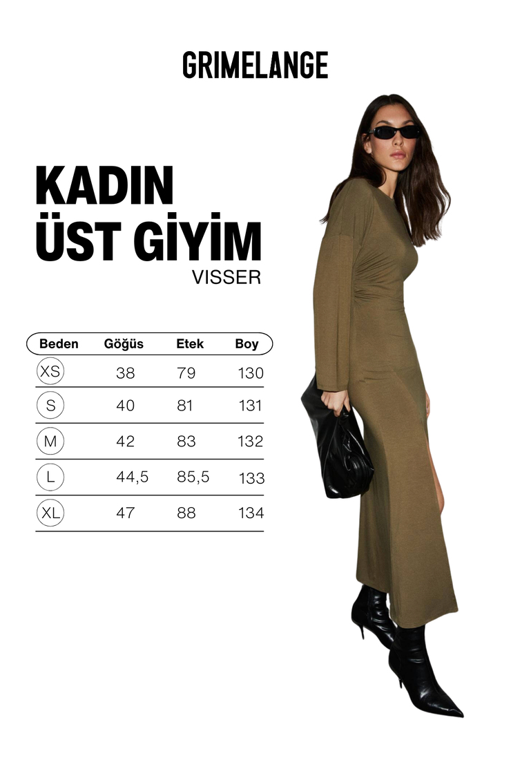 VISSER Kadın Yumuşak Ve Esnek Kumaşlı Düşük Omuzlu Yuvarlak Yakalı Önü Yırtmaçlı Haki Elbise