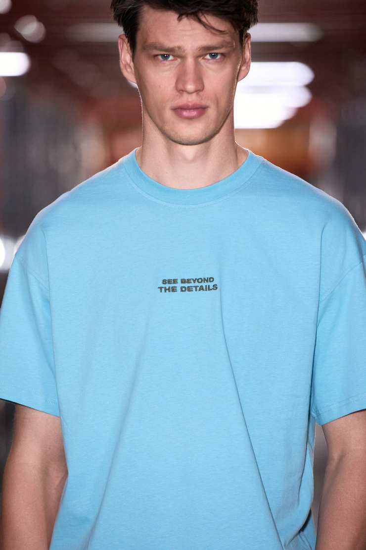VITO Erkek %100 Organik Pamuklu Nakış Yazı Detaylı Oversize Bol Kesim Kısa Kollu Mavi T-Shirt