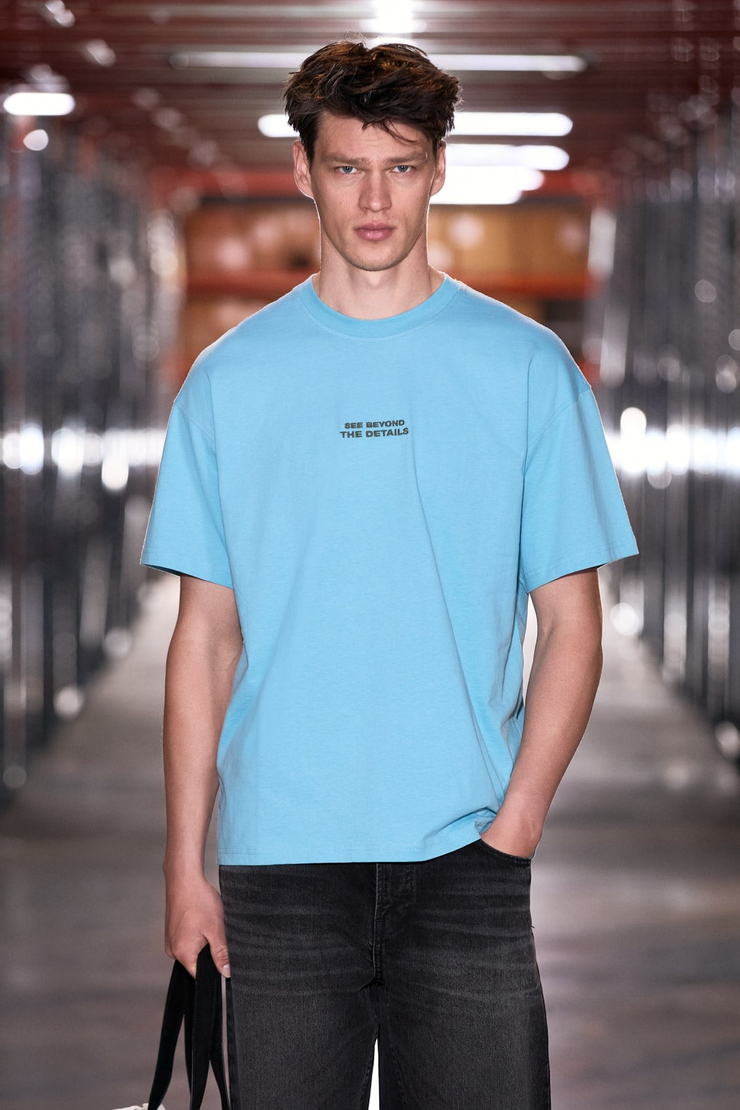 VITO Erkek %100 Organik Pamuklu Nakış Yazı Detaylı Oversize Bol Kesim Kısa Kollu Mavi T-Shirt