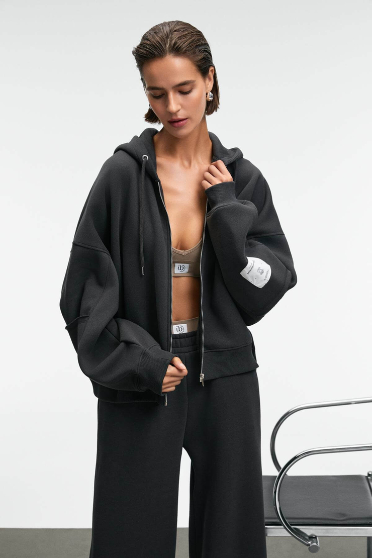 VIVIENNE Kadın Metal Fermuarlı Kapüşonlu Kolda Süs Etiket Ve Cep Detaylı Antrasit Sweatshirt