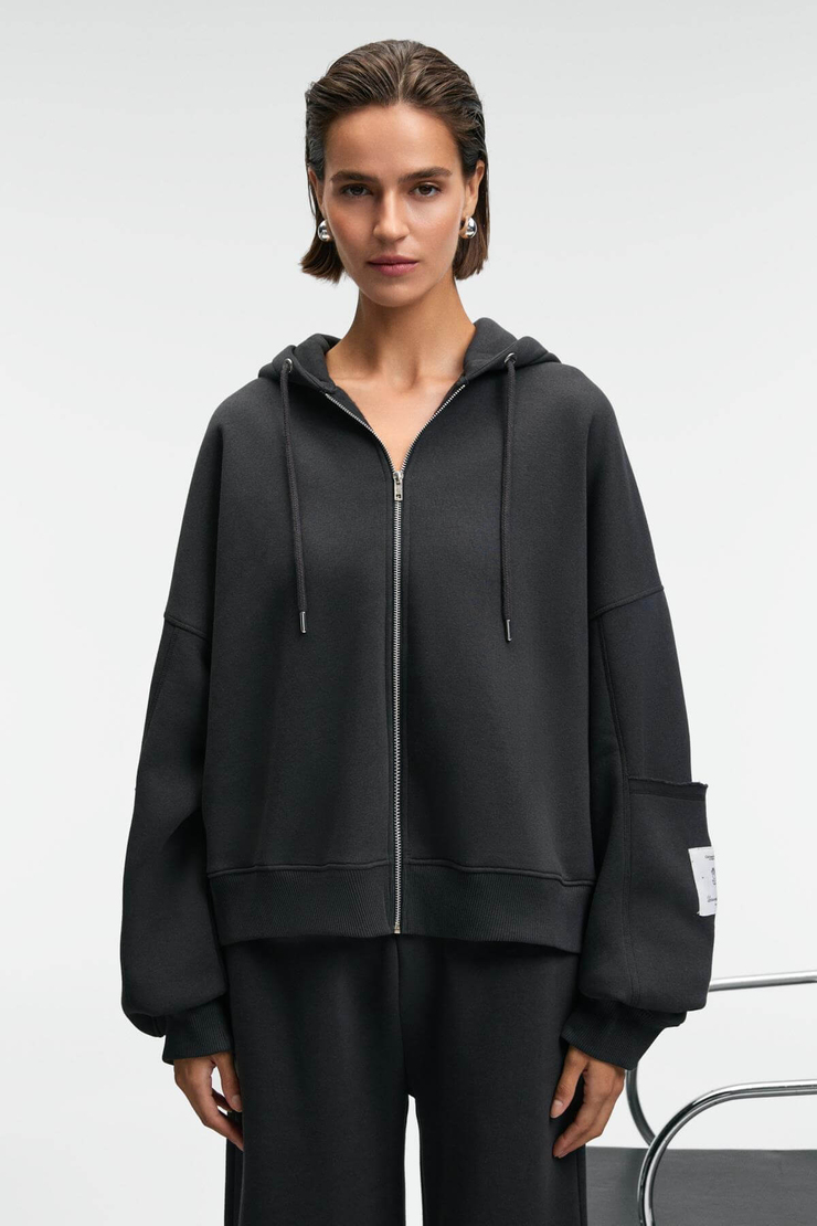 VIVIENNE Kadın Metal Fermuarlı Kapüşonlu Kolda Süs Etiket Ve Cep Detaylı Antrasit Sweatshirt