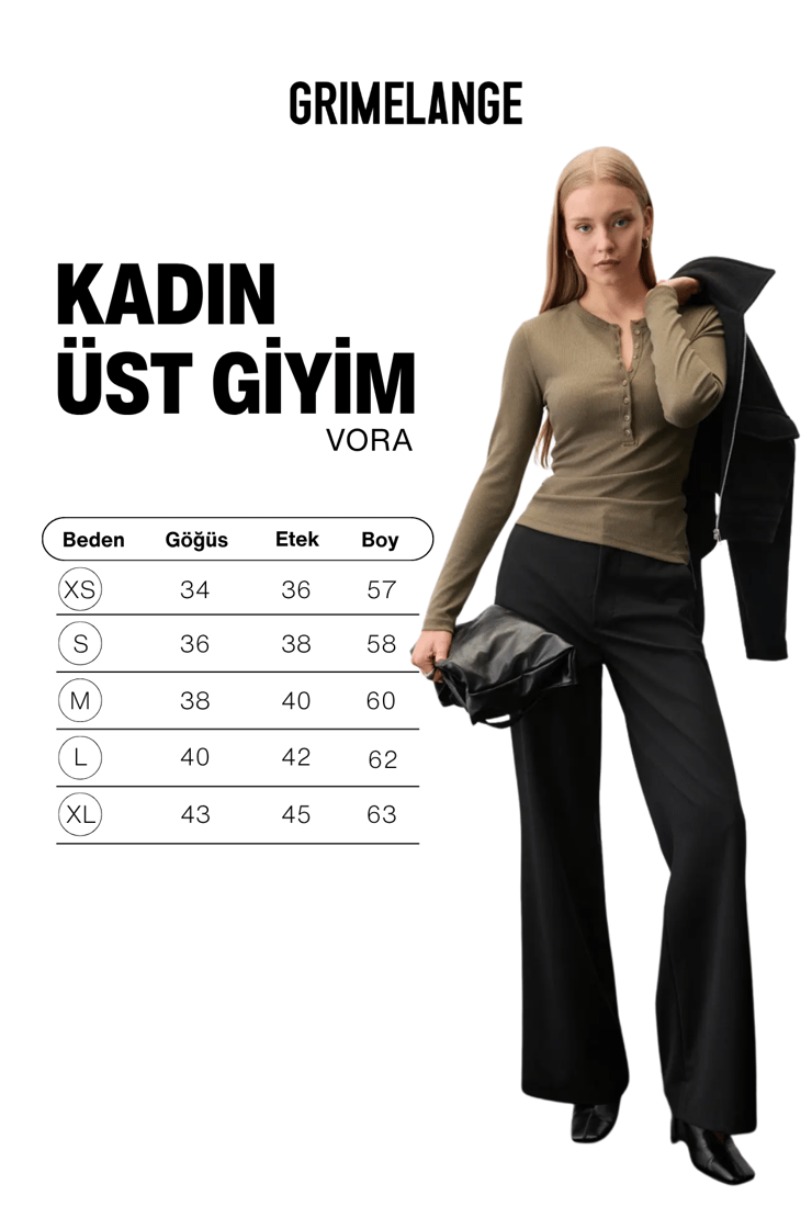 VORA Kadın Önden Düğmeli Yuvarlak Yaka Uzun Kollu Haki Bluz