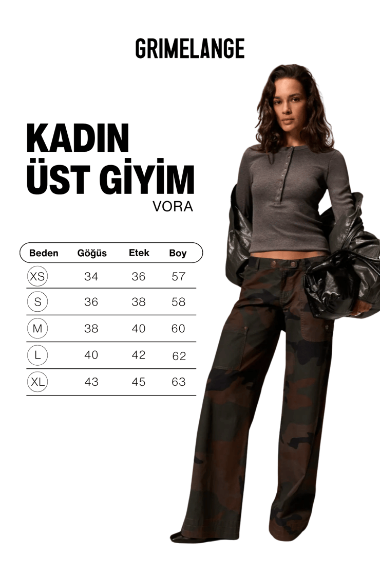 VORA Kadın Önden Düğmeli Yuvarlak Yaka Uzun Kollu Antrasit Bluz