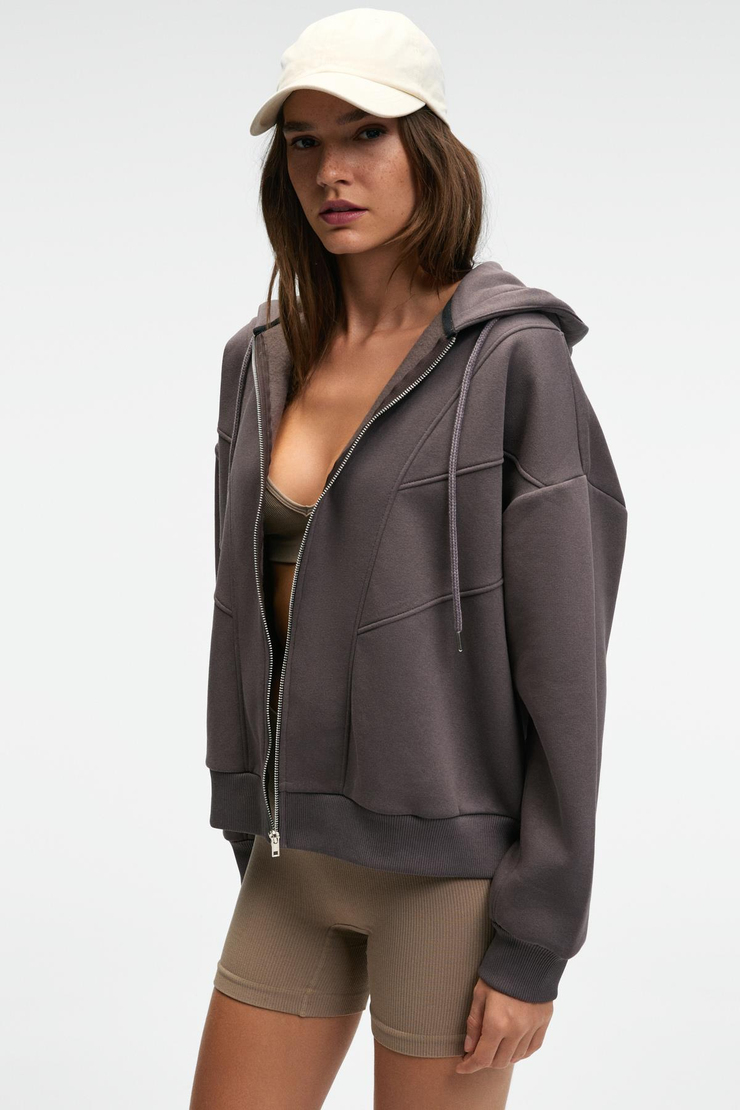 VYSELLE Kadın Önü Kesikli Metal Fermuarlı Kapüşonlu Etiket Detaylı Oversize Antrasit Sweatshirt