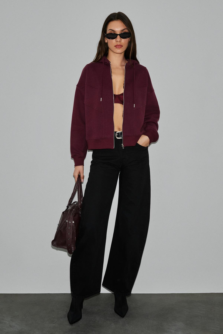 VYSELLE Kadın Önü Kesikli Metal Fermuarlı Kapüşonlu Etiket Detaylı Oversize Bordo Sweatshirt