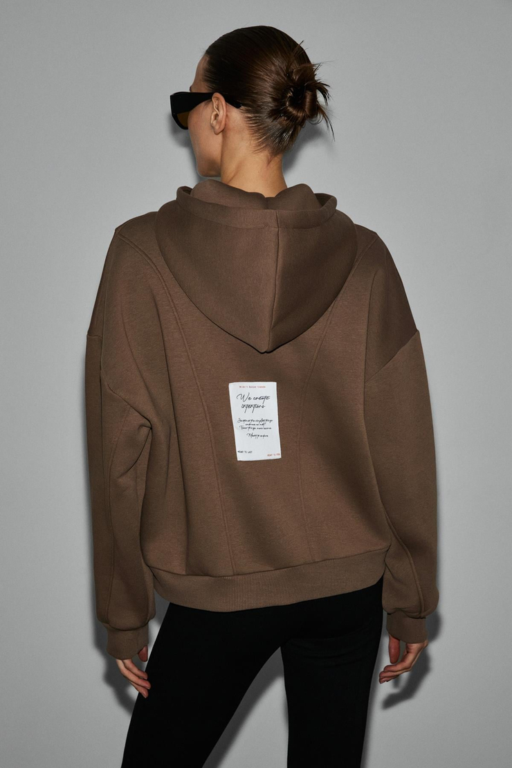 VYSELLE Kadın Önü Kesikli Metal Fermuarlı Kapüşonlu Etiket Detaylı Oversize Acı Kahve Sweatshirt