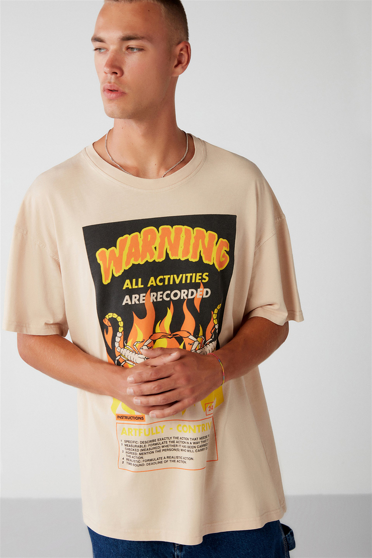 WASHED Örme Oversize Bej  T-Shirt