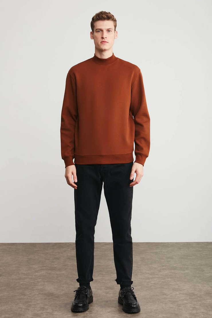 Watson Örme Regular Fit Düz Renk  Boğazlı Koyu Kahverengi Sweatshirt