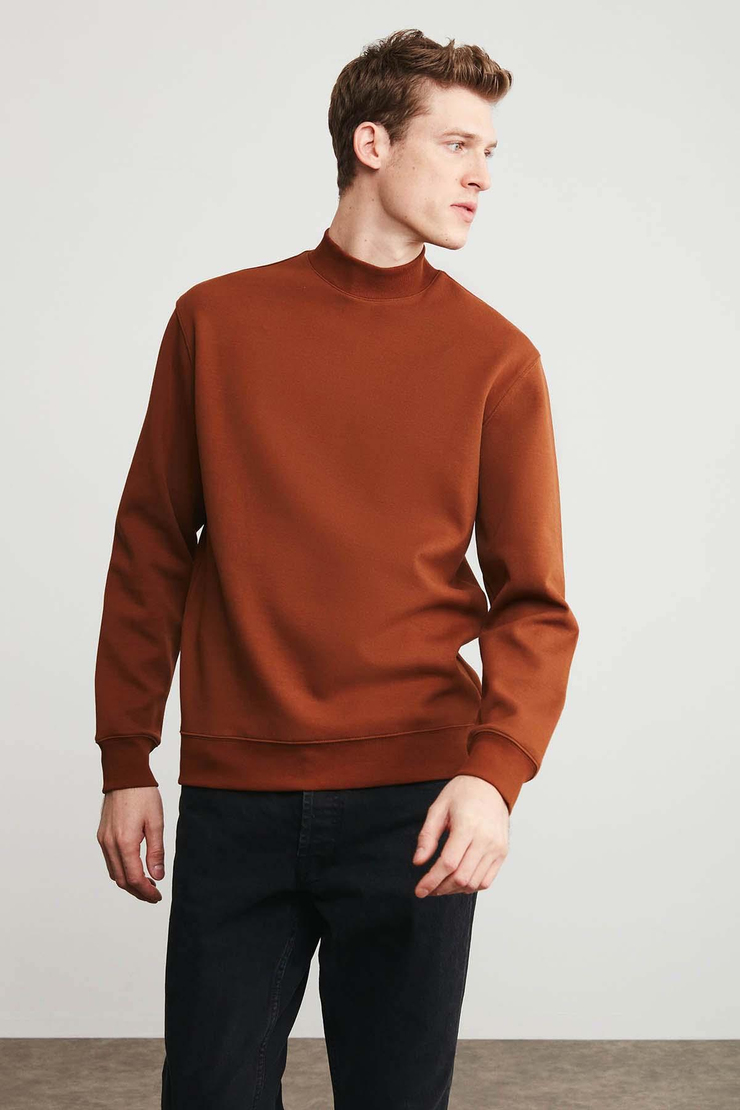 Watson Örme Regular Fit Düz Renk  Boğazlı Koyu Kahverengi Sweatshirt