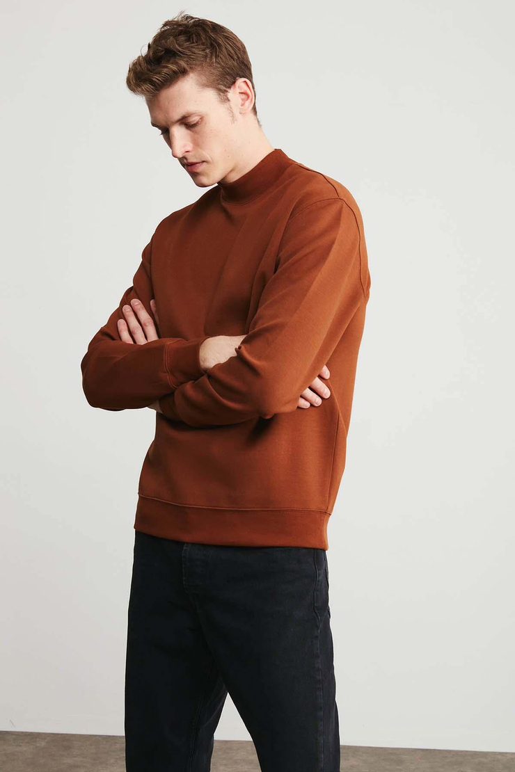 Watson Örme Regular Fit Düz Renk  Boğazlı Koyu Kahverengi Sweatshirt
