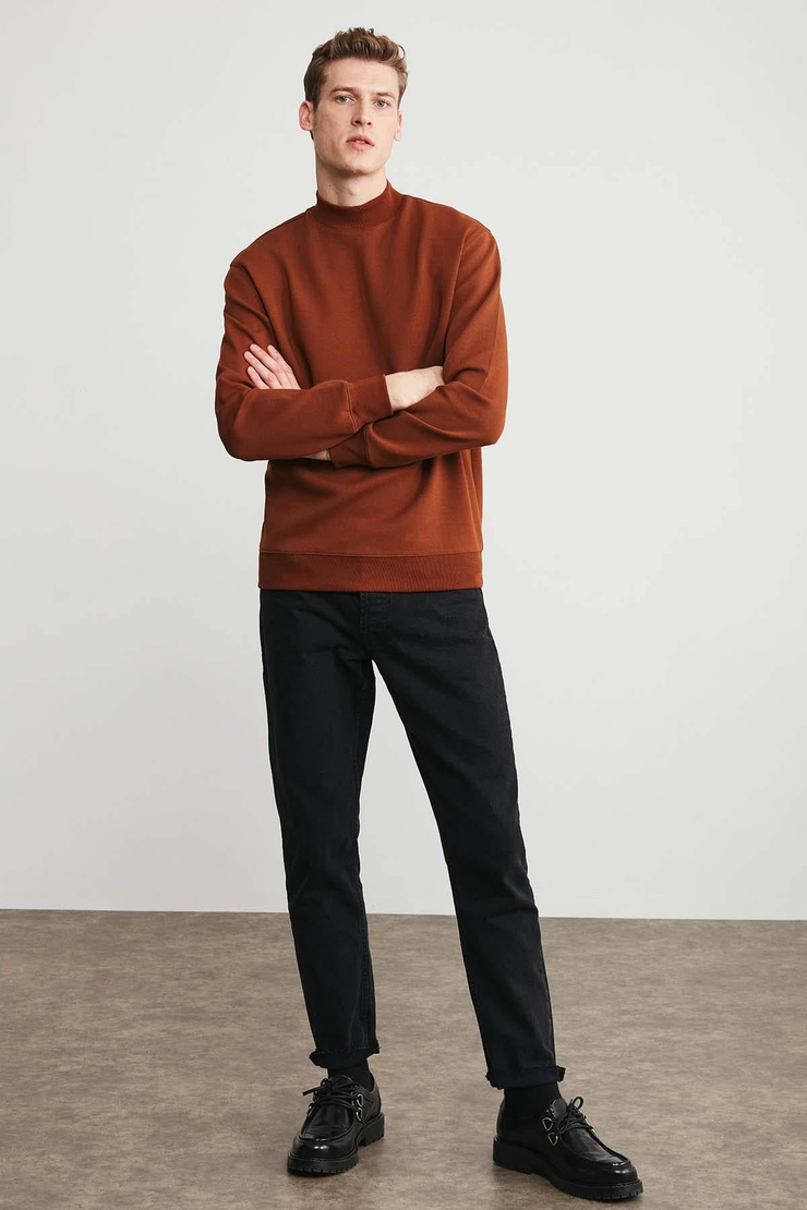 Watson Örme Regular Fit Düz Renk  Boğazlı Koyu Kahverengi Sweatshirt