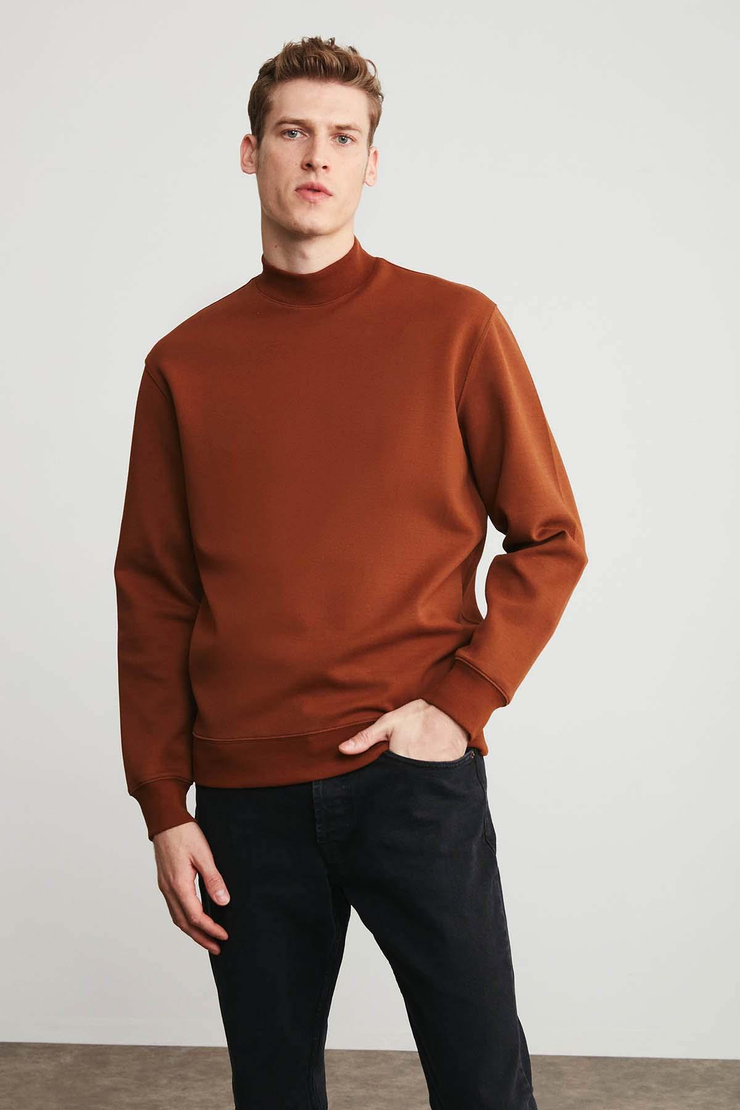 Watson Örme Regular Fit Düz Renk  Boğazlı Koyu Kahverengi Sweatshirt