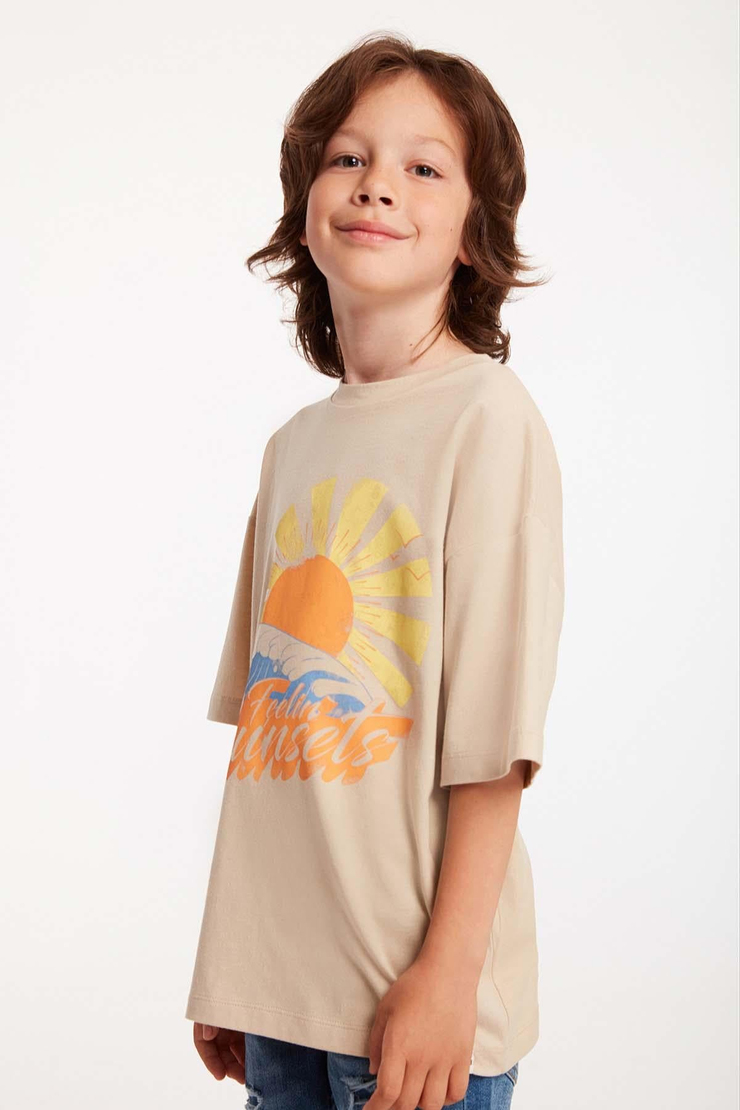 Wave Örme Comfort Fit Baskılı  Yuvarlak Yaka Bej T-Shirt
