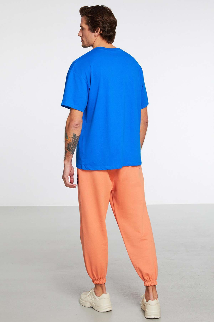Whıst Erkek Oversize Önü Baskılı Bisiklet Yaka Kısa Kollu Geniş Kesim Saks Mavi T-Shirt