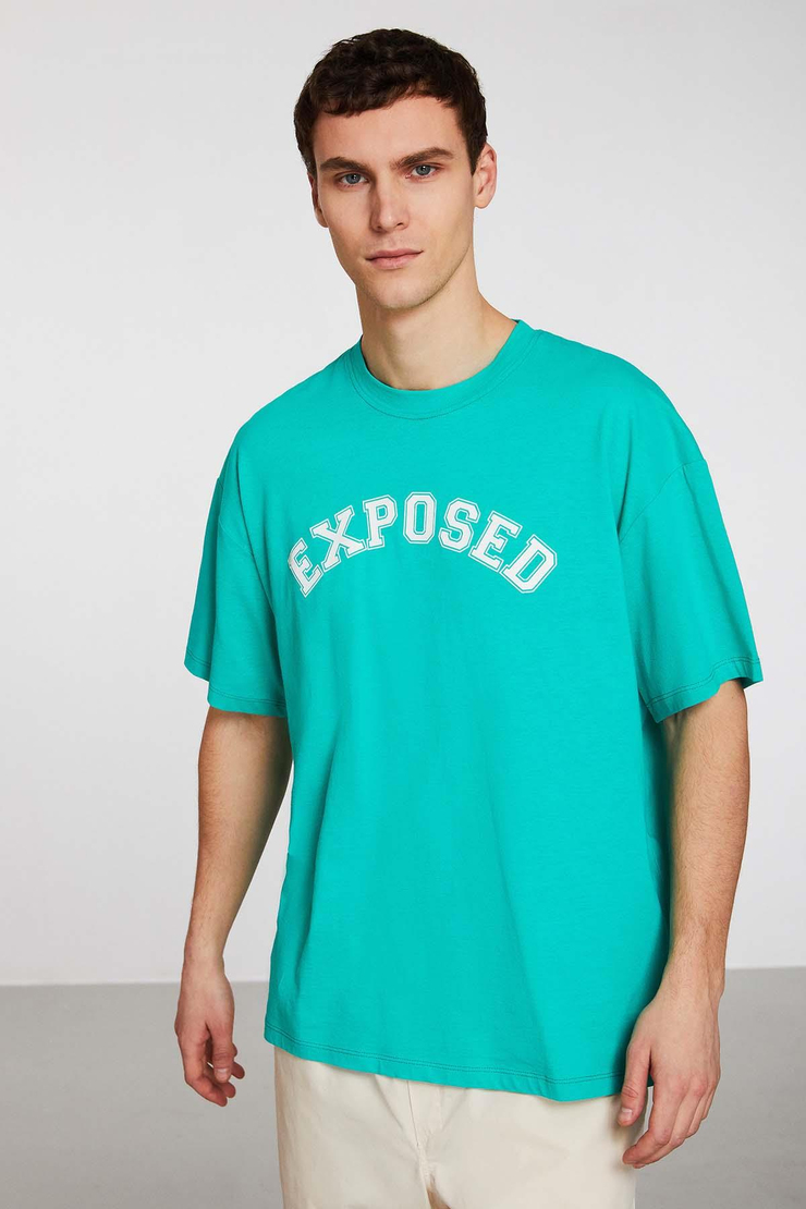 Whıst Erkek Oversize Önü Baskılı Bisiklet Yaka Kısa Kollu Geniş Kesim Yeşil T-Shirt