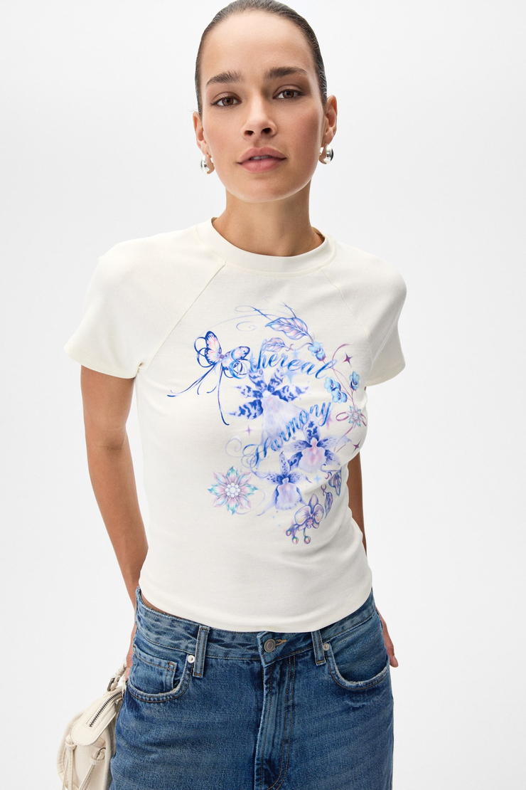 WIMS KADIN Baskılı Kısa Kollu Ekru T-Shirt