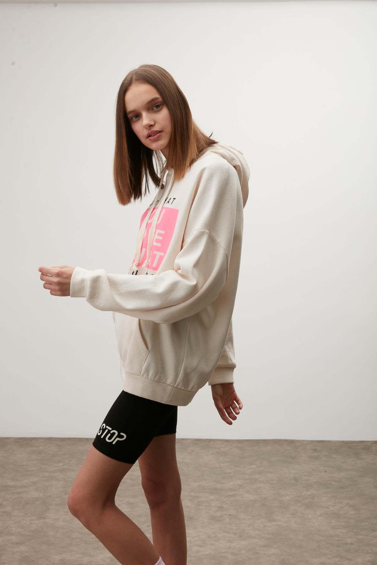 Wısh Kadın Baskılı Kapüşonlu Comfort Ekru Sweatshirt