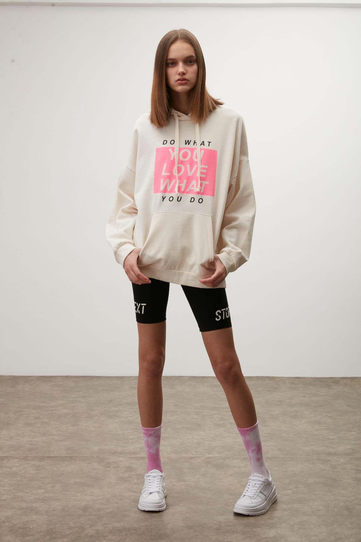 Wısh Kadın Baskılı Kapüşonlu Comfort Ekru Sweatshirt